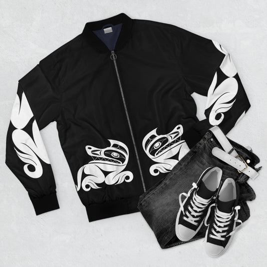 Unisex Bomber Jacket with White “Twin wolves” design by Joshua Watts