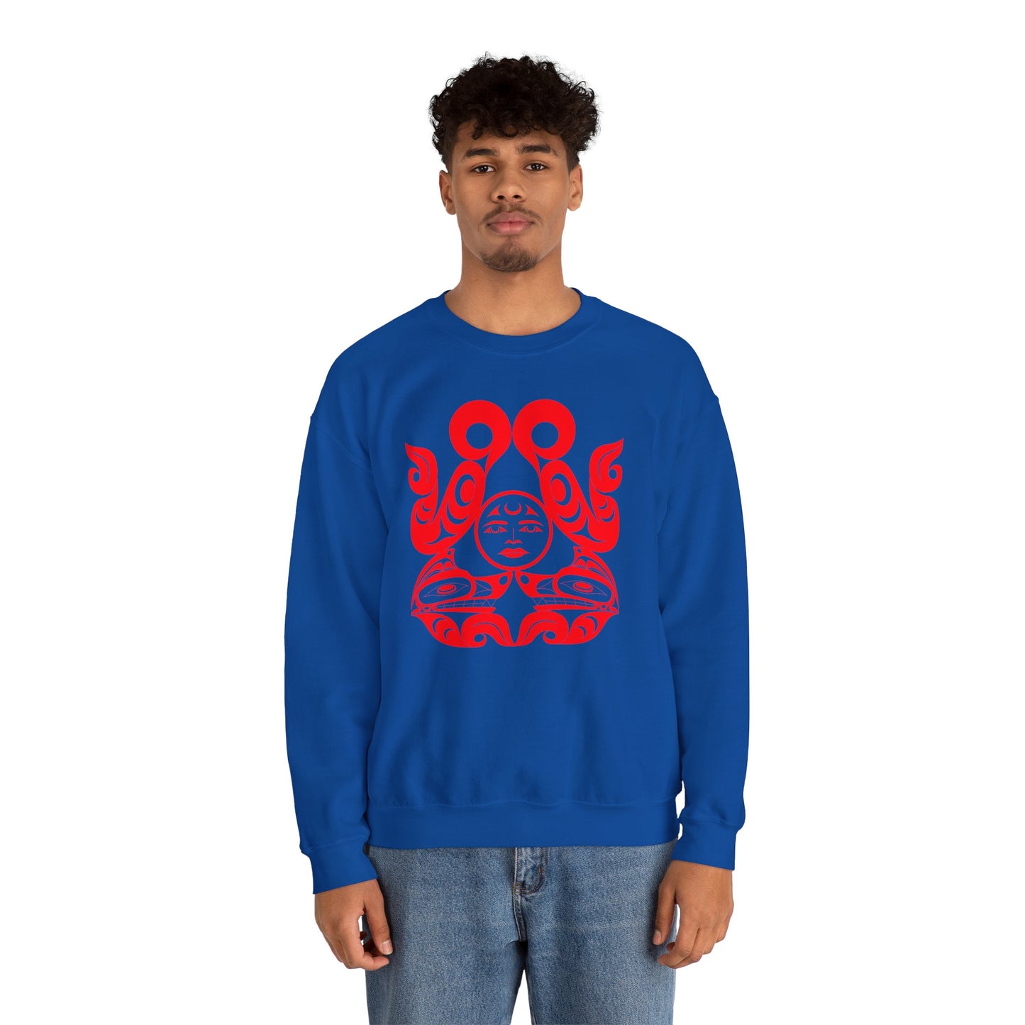Unisex Crewneck Pullover sweatshirt with Red “Tsuu-Baa-Asaxt Wolves” design by Joshua Watts