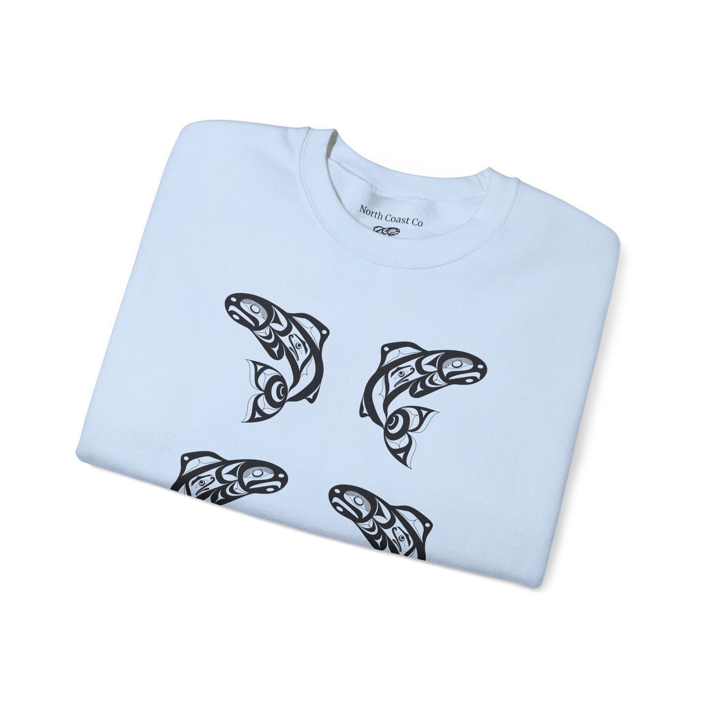 Unisex Crewneck Pullover sweatshirt with Black “Salmon Run” design by Joshua Watts