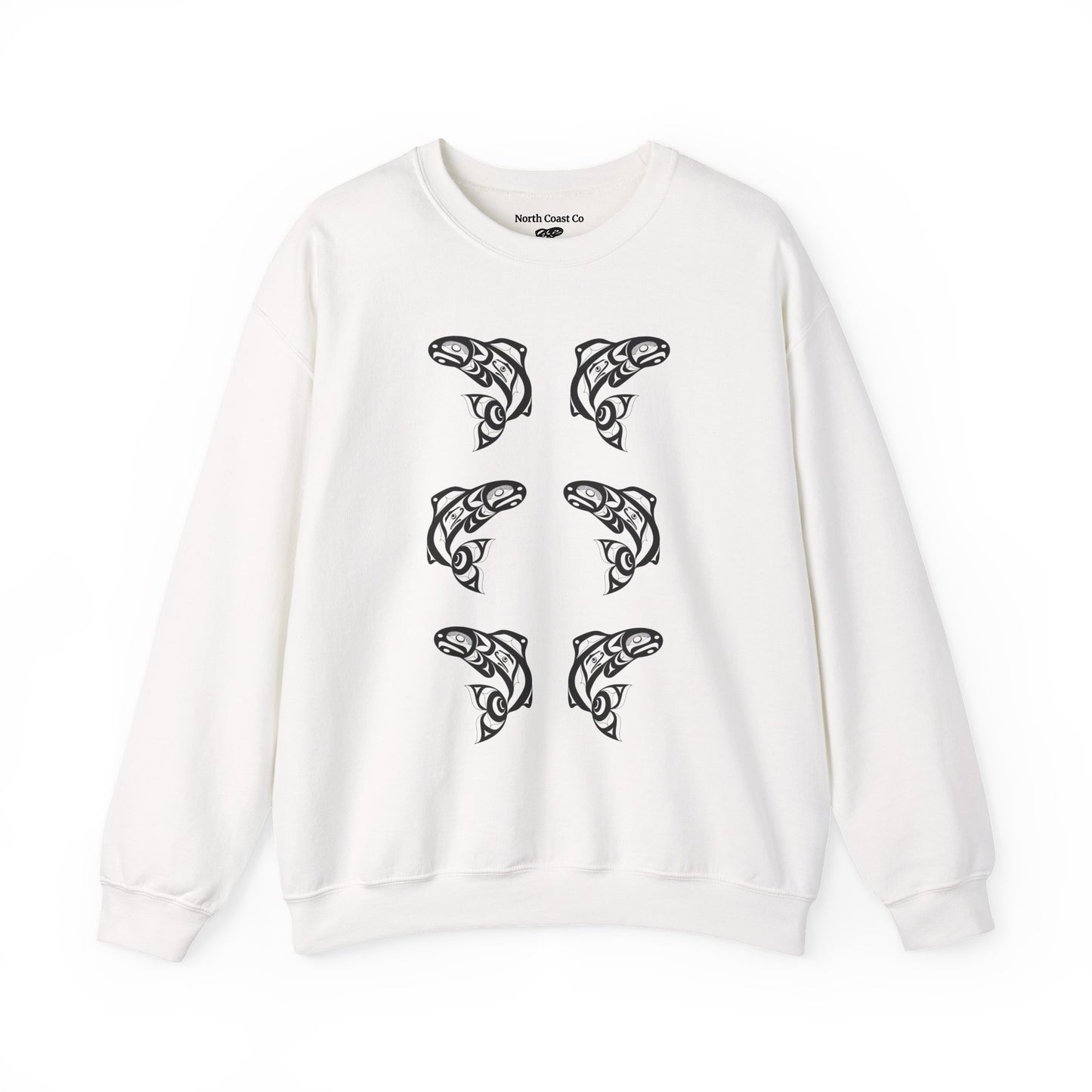 Unisex Crewneck Pullover sweatshirt with Black “Salmon Run” design by Joshua Watts