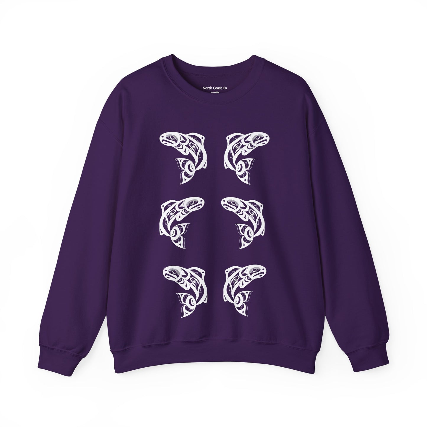Unisex Crewneck Pullover sweatshirt with White “Salmon Run” design by Joshua Watts