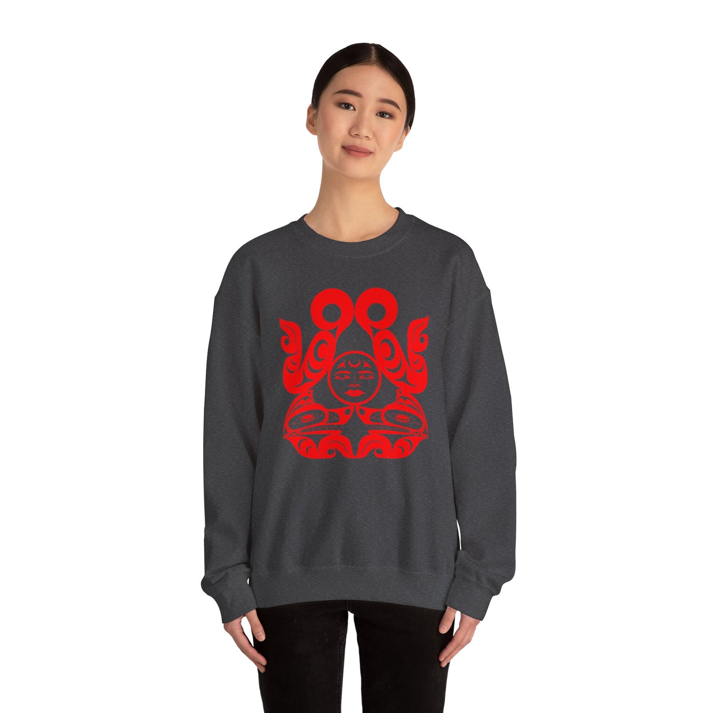 Unisex Crewneck Pullover sweatshirt with Red “Tsuu-Baa-Asaxt Wolves” design by Joshua Watts