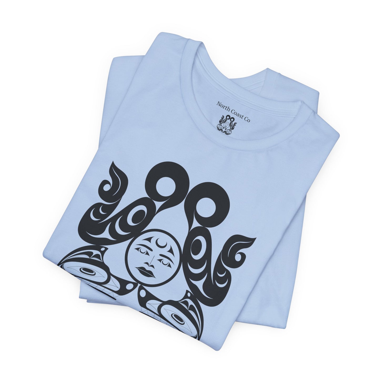 Unisex T-Shirt with black and white “Tsuu-Baa-Asaxt wolves” design by Joshua Watts