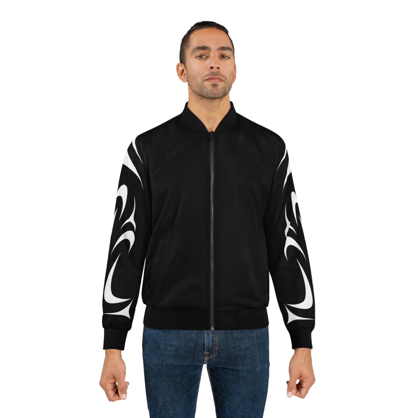 Black Unisex Bomber Jacket with White Thunderbird design by Joshua Watts