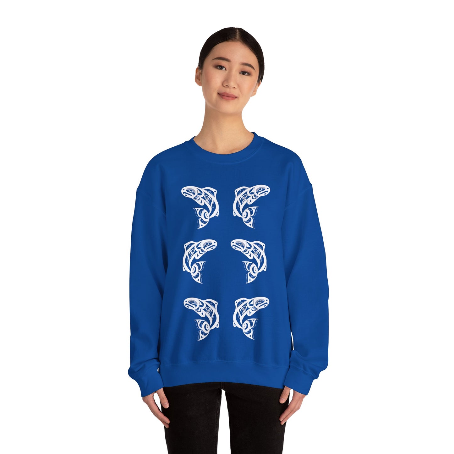 Unisex Crewneck Pullover sweatshirt with White “Salmon Run” design by Joshua Watts