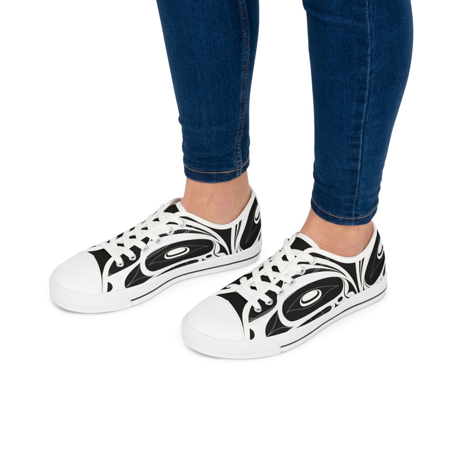 Women's Black and White Low Top shoes with White Wolf design by Joshua Watts