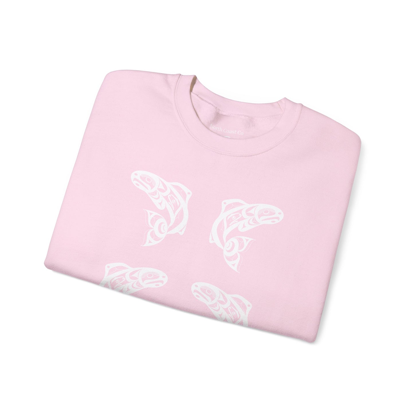 Unisex Crewneck Pullover sweatshirt with White “Salmon Run” design by Joshua Watts