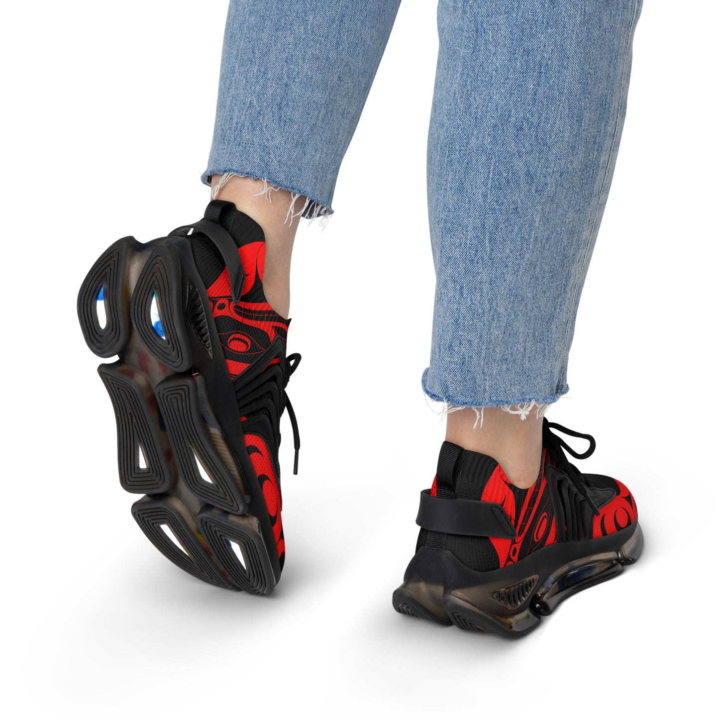 Women’s Stylin’ Black Sneakers with Red Wolf design by Joshua Watts
