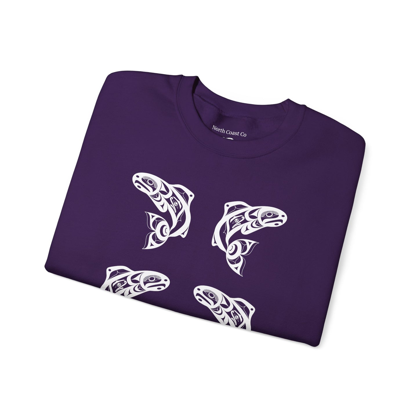 Unisex Crewneck Pullover sweatshirt with White “Salmon Run” design by Joshua Watts