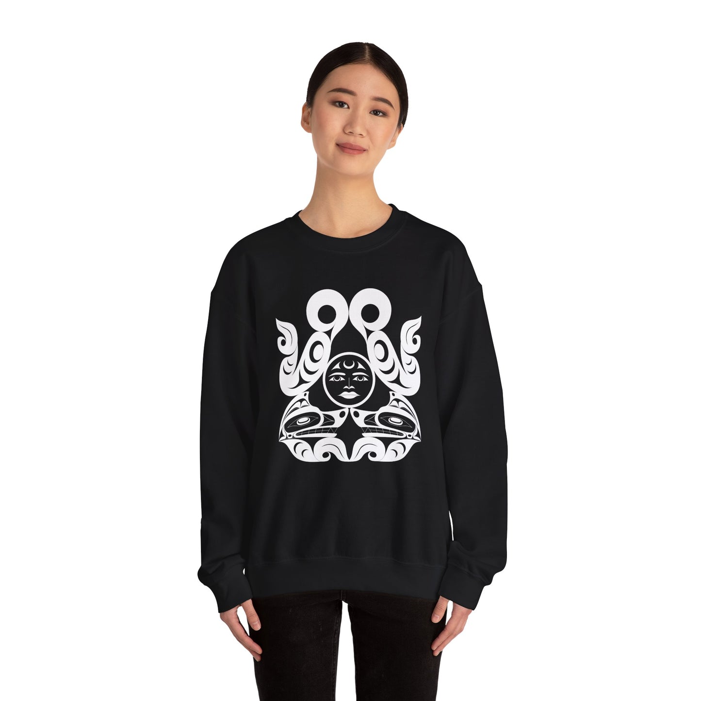 Unisex Crewneck Pullover sweatshirt with White “Tsuu-Baa-Asaxt Wolves” design by Joshua Watts