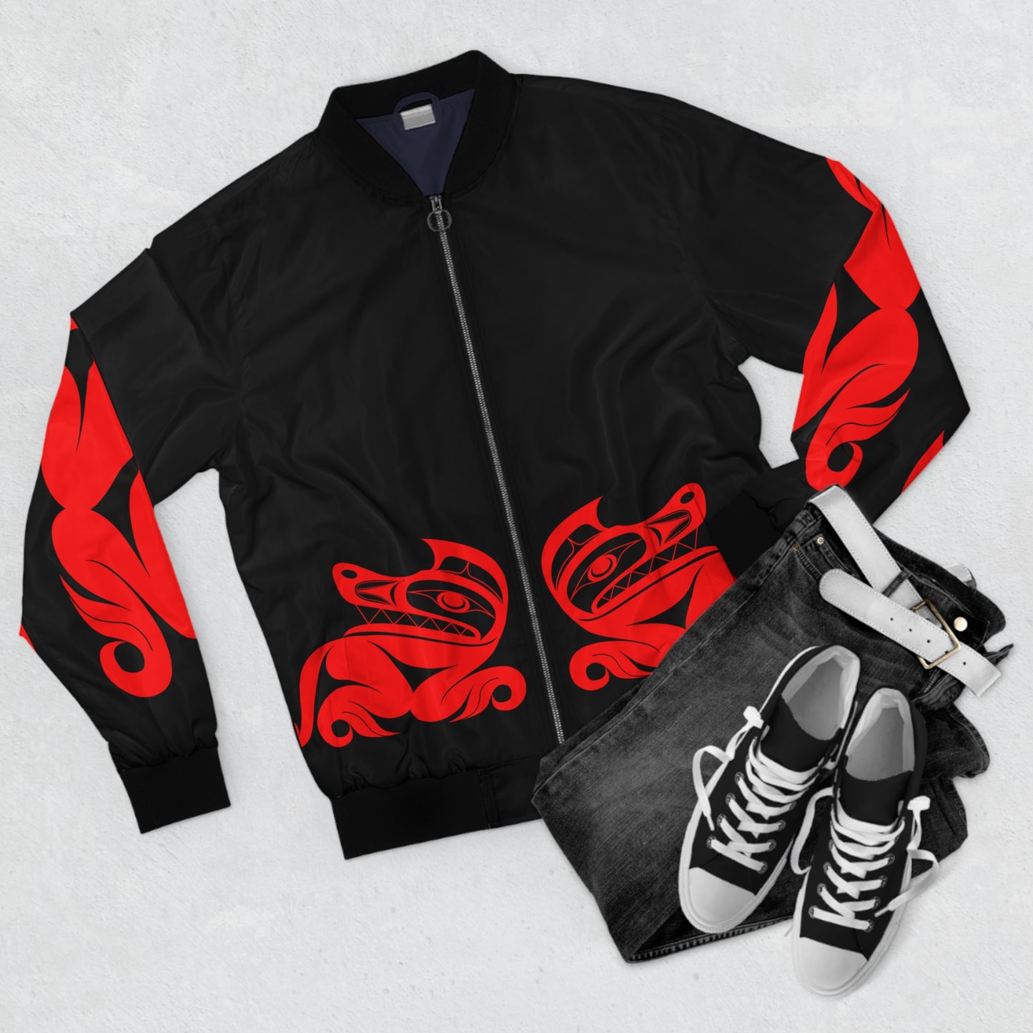 Unisex Bomber Jacket with “Twin red wolves” design by Joshua Watts