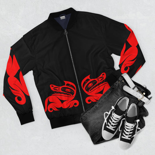 Unisex Bomber Jacket with “Twin red wolves” design by Joshua Watts
