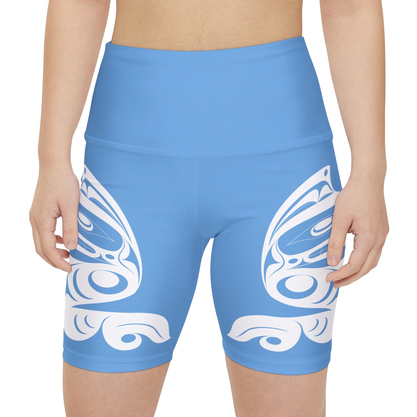 Sky Blue Biker Shorts with White Wolf design by Joshua Watts